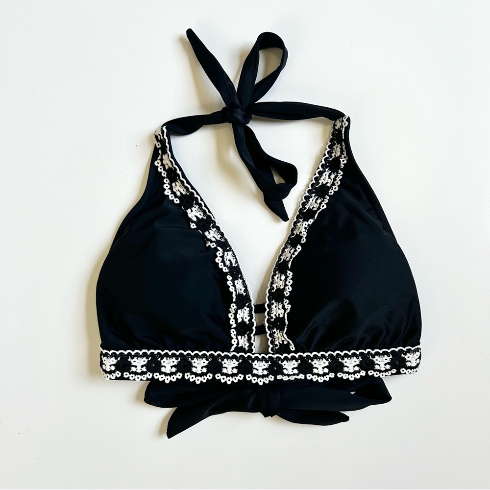 Kona Sol Black Bikini Top with White Crochet Details